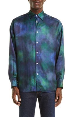 Ahluwalia Men's Watercolor Long Sleeve Button-Up Shirt in Midnight