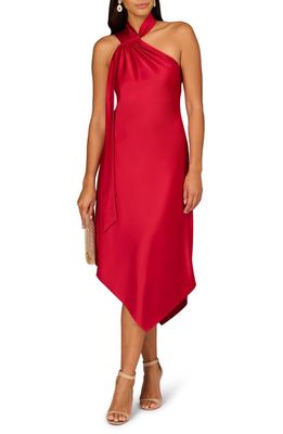 Aidan Mattox by Adrianna Papell Asymmetric Satin Halter Dress in Scarlet Spice 