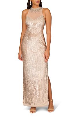 Aidan Mattox by Adrianna Papell Bead & Sequin Illusion Neck Column Gown in Champagne