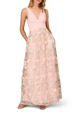 Aidan Mattox by Adrianna Papell Floral Embroidered Mesh Ballgown in Pink Multi