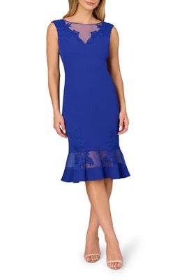 Aidan Mattox by Adrianna Papell Floral Lace Trim Mesh Cocktail Dress in Cobalt 