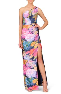 Aidan Mattox by Adrianna Papell Floral One-Shoulder Cocktail Maxi Dress in Navy Multi