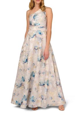Aidan Mattox by Adrianna Papell Metallic Floral Jacquard One-Shoulder Gown in Blue Multi