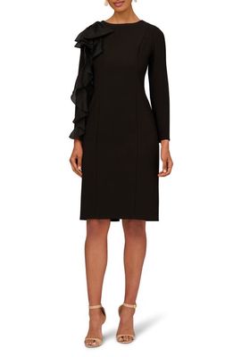 Aidan Mattox by Adrianna Papell Ruffle Long Sleeve Crepe Sheath Cocktail Dress in Black