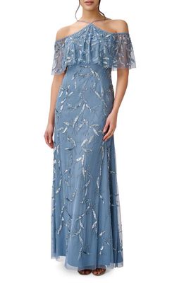 Aidan Mattox by Adrianna Papell Sequin Beaded Cold Shoulder Gown in Vintage Blue