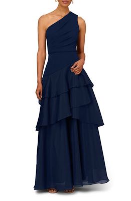 Aidan Mattox by Adrianna Papell Tiered One-Shoulder Ballgown in Twilight 