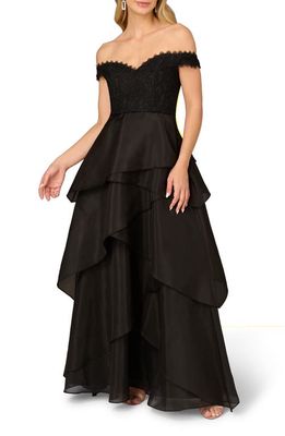 Aidan Mattox Lace & Organza Off the Shoulder Ballgown in Black