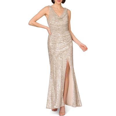 Aidan Mattox Ruched Stretch Sequin Gown<br> in Champagne/Silver 