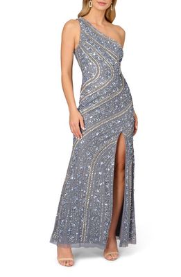 Aidan Mattox Sequin & Bead Detail One-Shoulder Gown in Dusty Blue