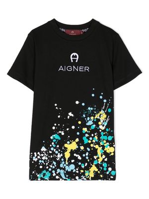 Aigner Kids logo-embroidered paint splatter-print T-shirt - Black