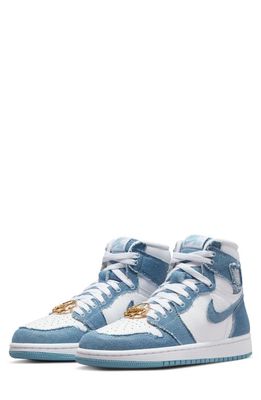 Air Jordan 1 Denim High Top Basketball Sneaker in White/Boarder Blue/Gold
