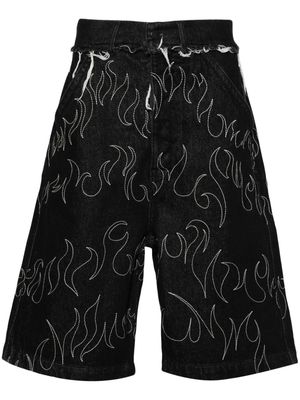 AIREI flame-embroidered denim shorts - Black