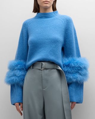Airy Cashmere-Silk Crop Raglan Sweater With Marabou Feathers