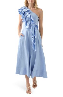 Aje Adelia Asymmetric Ruffle Linen Blend Dress in Light Sky Blue