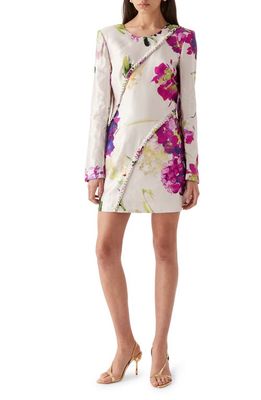Aje Arbour Floral Whipstitch Long Sleeve Linen Blend Minidress in Wild Hydrangea