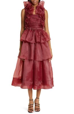 Aje Asra Ruffle Detail Tiered Dress in Mahogany Red