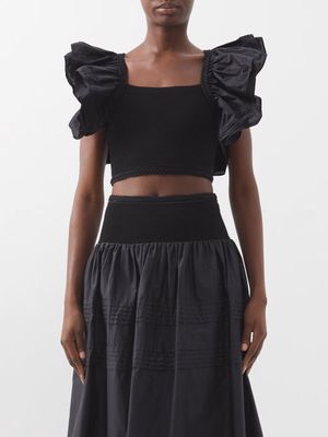 Aje - Corinne Ruffled Knitted Crop Top - Womens - Black