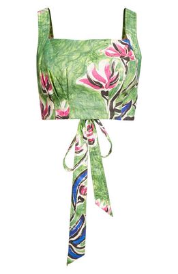 Aje Eden Floral Print Tie Back Linen Crop Top in Native Gumnut Floral