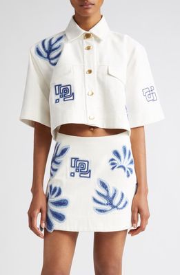 Aje Esprit Embroidered Crop Button-Up Shirt in Ivory-Blue