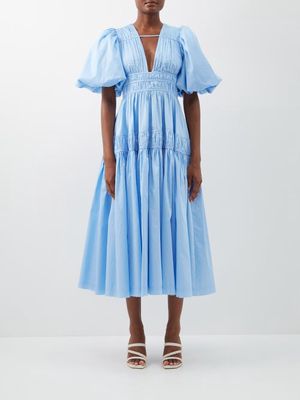 Aje - Falling Water Gathered Cotton-poplin Dress - Womens - Light Blue