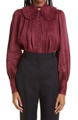 Aje Idealist Pleated Collar Linen & Silk Gauze Button-Up Blouse in Chestnut Red