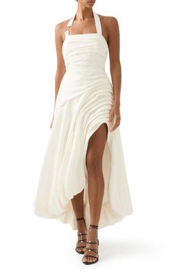 Aje Mika Asymmetric Linen Blend Halter Dress in Ivory
