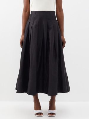 Aje - Paradiso Pleated Linen-blend Midi Skirt - Womens - Black