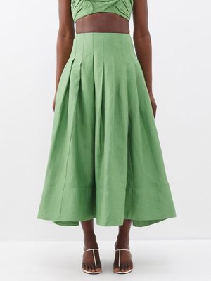 Aje - Paradiso Pleated Linen-blend Midi Skirt - Womens - Mid Green