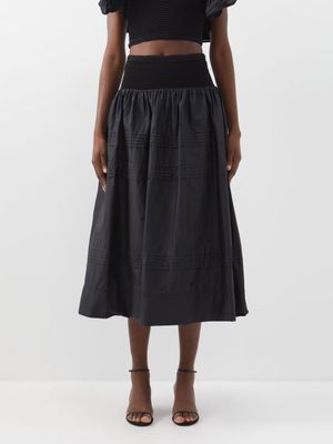 Aje - Rosalie Knitted-waist Pleated Cotton Midi Skirt - Womens - Black