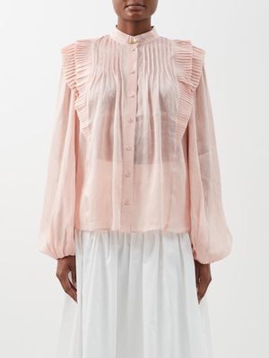 Aje - Ruffled Pintucked Linen-blend Voile Blouse - Womens - Blush