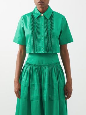 Aje - Tidal Pintucked Cotton-poplin Cropped Shirt - Womens - Emerald