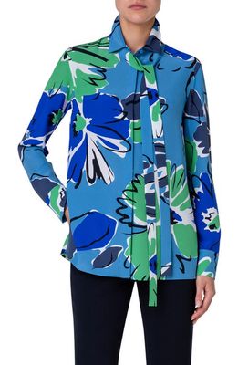 Akris Abraham Floral Print Silk Crepe Button-Up Shirt in 075 Denim-Leaf