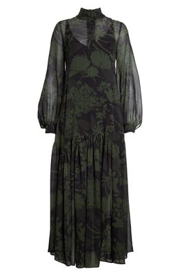 Akris Abraham Print Long Sleeve Silk Georgette Gown in 195 Oregano-Black