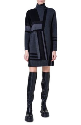 Akris Abstract Print Long Sleeve Cashmere Sweater Dress in 189 Charcoal-Black