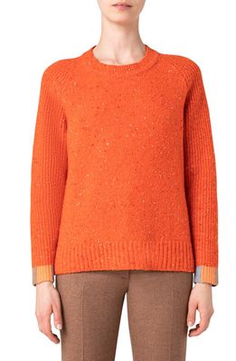 Akris Colorblock Detail Cashmere Tweed Crewneck Sweater in 626 Poppy Red