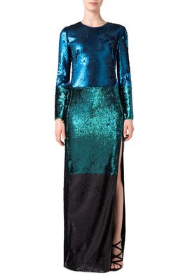 Akris Colorblock Sequin Long Sleeve Column Gown in 078 Petrol-Green-Black