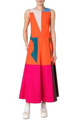 Akris Colorblock Sleeveless Cotton Poplin Midi Dress in Orange Multicolor