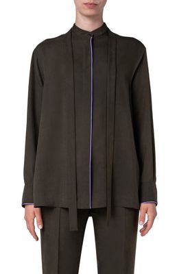 Akris Contrast Piping Silk Crepe Button-Up Shirt in 059 Moss-Lavender
