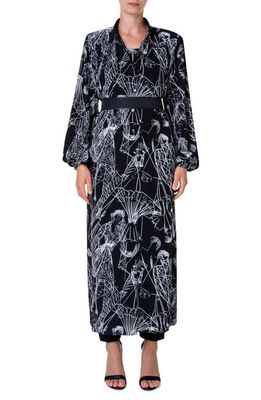 Akris Croquis Print Long Sleeve Silk Kaftan Dress in Black-Cream
