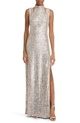 Akris Cutout Shoulder Sequin Jersey Gown in Greige