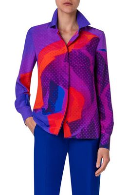 Akris Dot Print Colorblock Silk Crepe Button-Up Shirt in 067 Purple-Multicolor