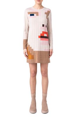 Akris Drei Teile Print Long Sleeve Cashmere Sweater Dress in Caramel-Multicolor