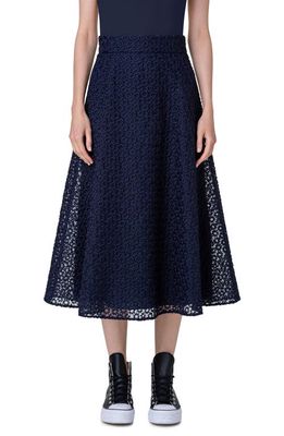 Akris Embroidered Floral Organza A-Line Skirt in 079 Navy