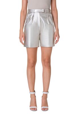 Akris Fidia Pleat Front Pearlized Leather Bermuda Shorts in Greige