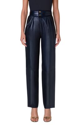 Akris Fini High Waist Pleat Front Leather Pants in Navy