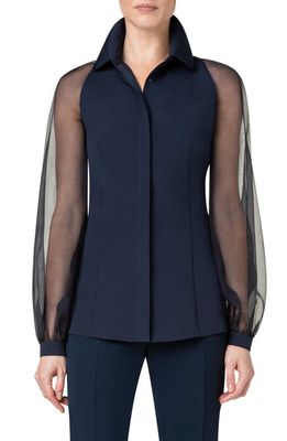 Akris Fitted Silk Stretch Crepe & Organza Blouse in 179-Navy
