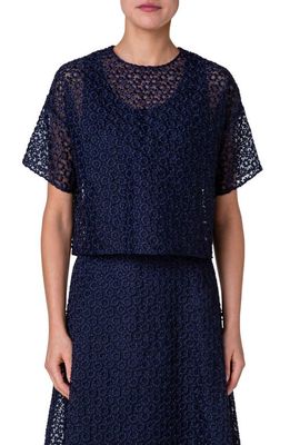 Akris Floral Embroidered Organza Top in 079 Navy