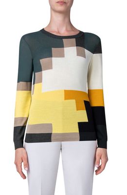 Akris Flowers Mixed Stitch Intarsia Wool & Silk Blend Sweater in 225 Daffodil-Multicolor