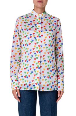 Akris Hearts Print Cotton Voile Button-Up Shirt in Ecru-Multicolor