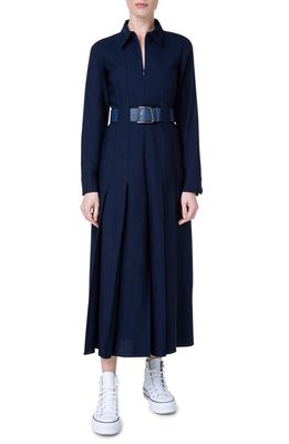 Akris Logo Belt Long Sleeve Wool Mousseline Dress in 079 Navy